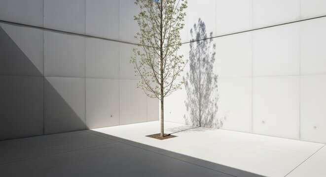 Single tree stands centered in a minimalist courtyard against smooth white concrete walls.