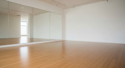 Fototapeta premium Empty room features large wall mirrors and polished wooden flooring.