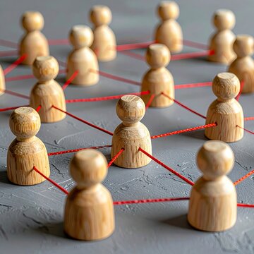 Wooden figures connected by red string symbolizing networking connection social network and interpersonal communication concept on gray background