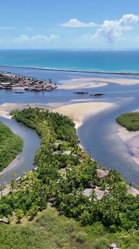 Porto Seguro Skyline At Porto Seguro In Bahia Brazil. Beach Landscape. Beautiful Coastline. Travel Destination. Porto Seguro Skyline In Porto Seguro In Brazil. Mangrove Sand Bank. Brazil Northeast.