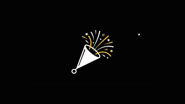A minimalist white party popper explodes with golden and white confetti against a stark black background, symbolizing celebration and joy.
