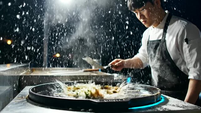 Asian chef cooking okonomiyaki on griddle outdoors at night or street food vendor flips okonomiyaki on flat top grill under lights at night