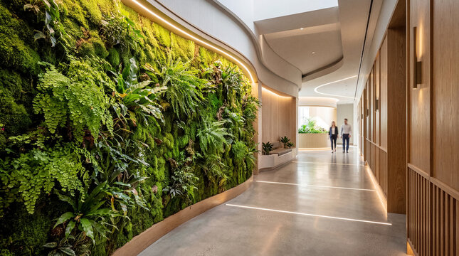 Hallway with moss and fern living wall