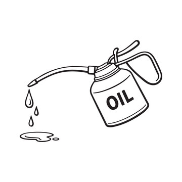 Hand drawn illustration of a classic oil can dripping oil onto the ground in black and white
