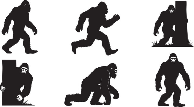 Bigfoot Silhouettes in Various Poses and Actions Running Walking