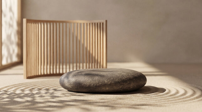 Serene dark river stone podium on carefully rippled zen garden sand patterns