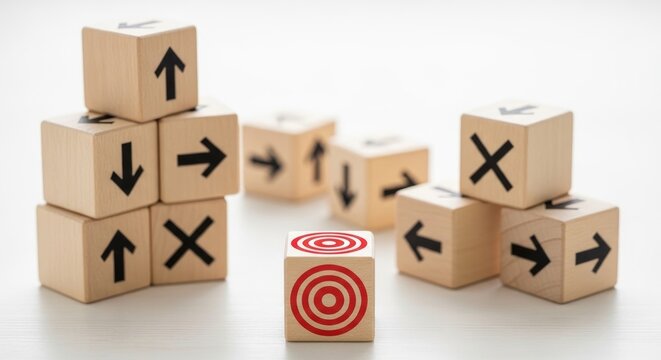 Several wooden cubes are stacked, each displaying a different arrow direction. One cube features a red target symbol.