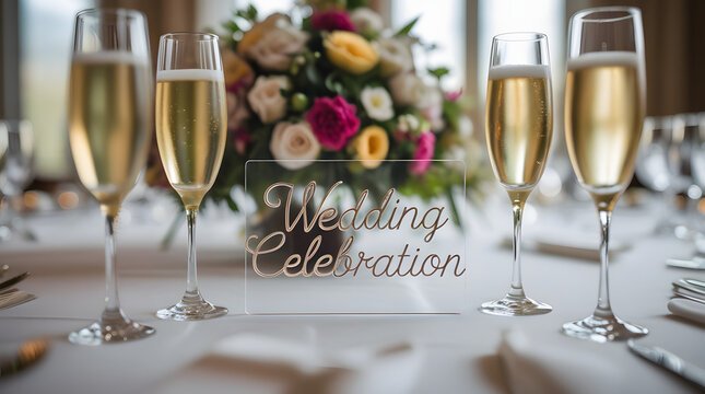 Elegant wedding celebration with champagne flutes and floral centerpiece on table