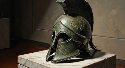 Fototapeta premium Ancient bronze warrior helmet rests on a marble pedestal in a museum setting.