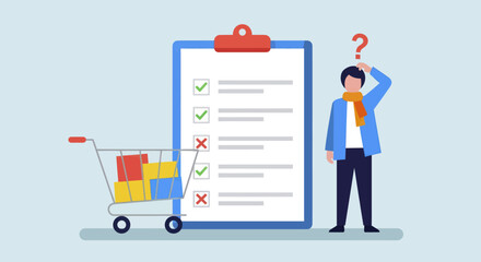 Confused man with shopping cart and checklist. © Karimun