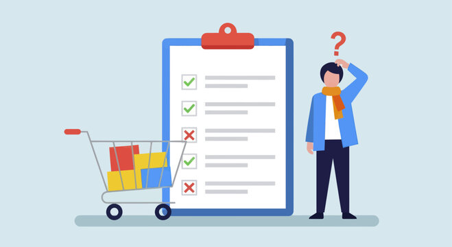 Confused man with shopping cart and checklist.