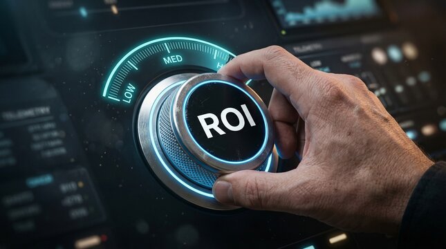 ROI Control: A hand meticulously adjusts a control dial labeled ROI, subtly illuminating the concept of financial strategy and business growth.