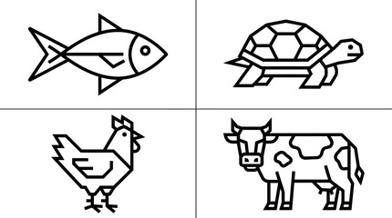 Fototapeta premium Food Farm Animals, Wildlife Icons in Geometric Line Art: Fish, Turtle, Chicken, Cow