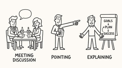 Obraz premium Business Communication and Strategy Doodle Line Art Set: Meeting, Explaining, Goal Planning