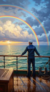 Sailor standing on the deck of a ship looks out at a double rainbow over the ocean at sunset.