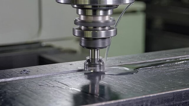Close-up of CNC Milling Machine Cutting Metal with Coolant