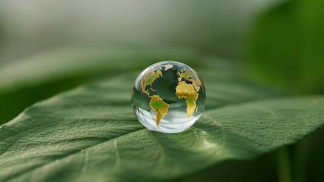 Earth Day Concept with Water Drop Globe on Green Leaf