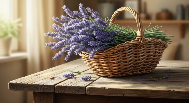 Fresh lavender flowers are arranged in a woven wicker basket on a rustic wooden table.