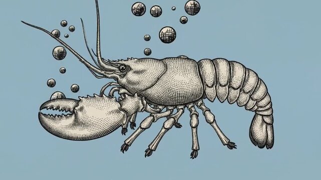 Detailed Vintage Lobster Illustration with Bubbles Underwater