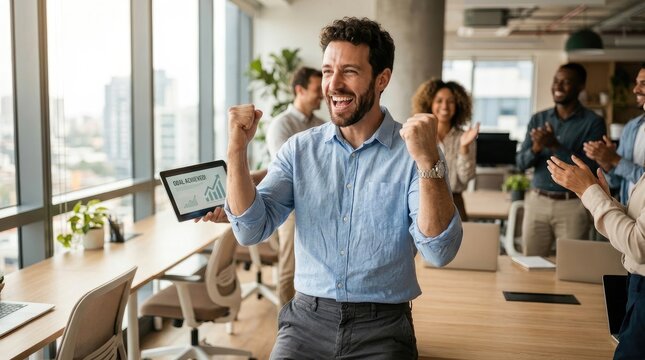 A man is celebrating a business achievement with his colleagues in a modern office. He is raising a tablet displaying a graph showing upward growth, while his colleagues cheer and applaud.