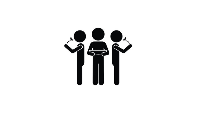 Three abstract stick figures depicting a service or feedback scenario with one offering and two receiving input.