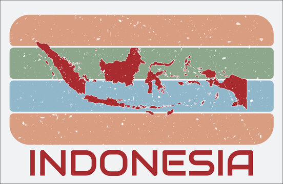 Indonesia vintage logo. Shape of the country on retro colored stripes background. Indonesia map design with grunge scratch texture. Vector illustration.