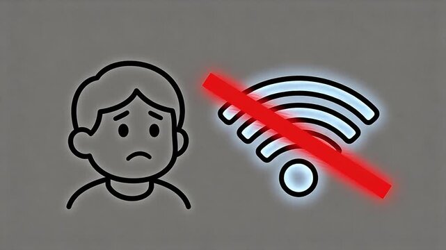 Cartoon character frustrated with no WiFi connection and red prohibition sign