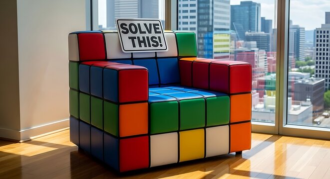 Armchair shaped like a rubiks cube with a solve this sign in a room with city window view