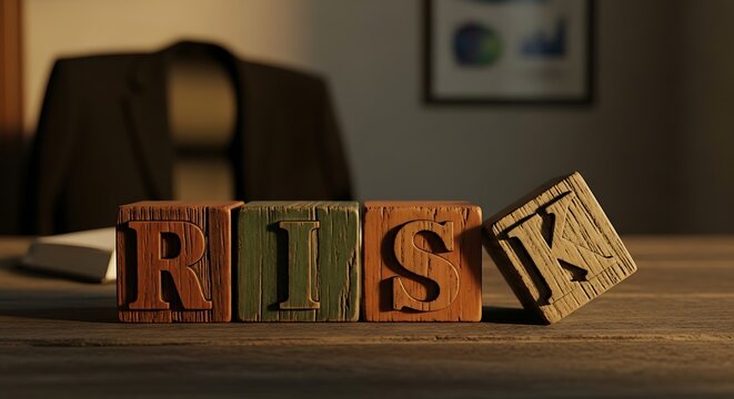 Wooden risk blocks falling on a professional office desk with a blurred business suit in the background representing financial uncertainty