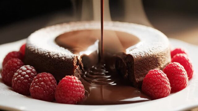 Decadent Chocolate Lava Cake with Molten Center and Fresh Raspberries, a Sweet Indulgence.