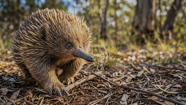 A short-beaked echidna foraging on a forest floor covered in dry leaves. This Australian monotreme showcases sharp quills and a long snout in its natural bushland habitat with dappled sunlight.