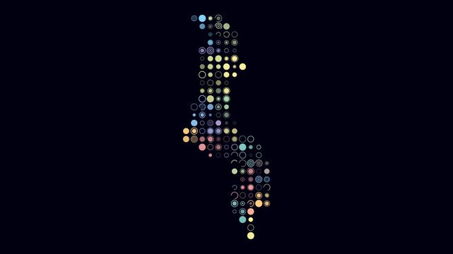Malawi animated country shape. Pulsating colored dots on the map of the country. Large size circle blocks. Digital style Malawi map on dark background. Plain animation video.