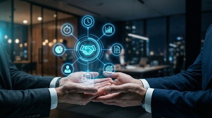 Obraz premium Digital Partnership: An artistic portrayal of a digital handshake between two business figures, symbolizing a fusion of modern technology and human collaboration for mutual success. 