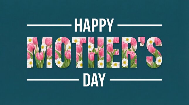 Happy Mothers Day Floral Typography with Colorful Spring Flowers and Tulips on Dark Background Greeting Design R4