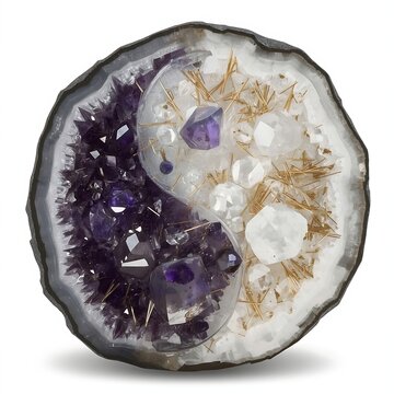 A crystalline geode Yin Yang. The Yin side is deep purple amethyst (Earth/Metal). The Yang side is clear white quartz with golden rutile needles (Metal/Fire). Sharp, geometric facets reflecting light 