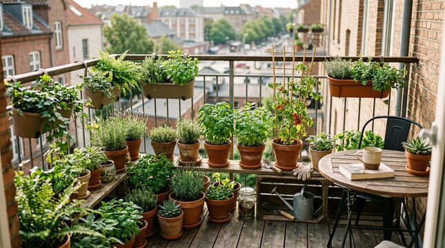 A vibrant and lush urban balcony garden filled with a diverse collection of potted plants, herbs, and small vegetables, creating a serene and green oasis in the bustling city for a tranquil lifestyle