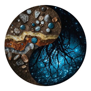 A geological cross-section Yin Yang. One side shows layers of colorful sediment and crystals (Earth/Metal). The other side shows an underground aquifer with bioluminescent roots (Water/Wood). Very det