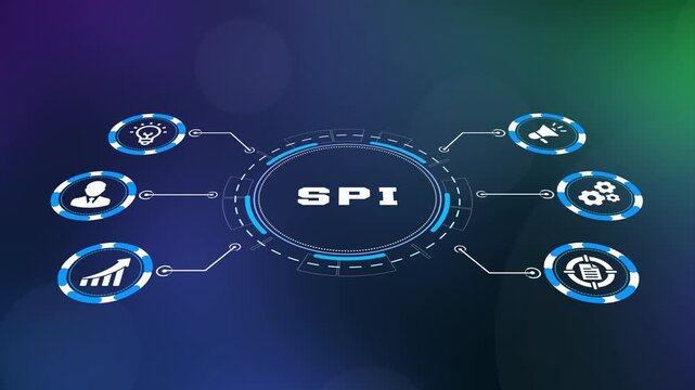  SPI serial peripheral interface and strategy performance indicator concept with abstract technology icons.