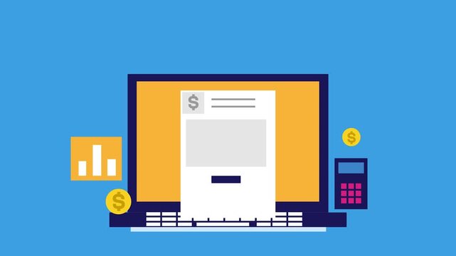 Financial Transactions: An illustrated laptop displays a digital document. Accompanied by calculator and coins, it represents accounting, budgeting, and finances.