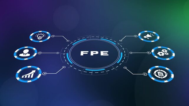  FPE fire protection engineering and financial plan evaluation concept with digital safety and data icons.
