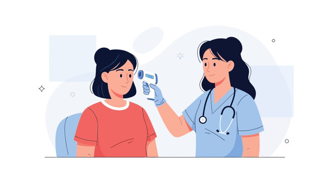Nurse taking patient's temperature with infrared thermometer, healthcare concept illustration