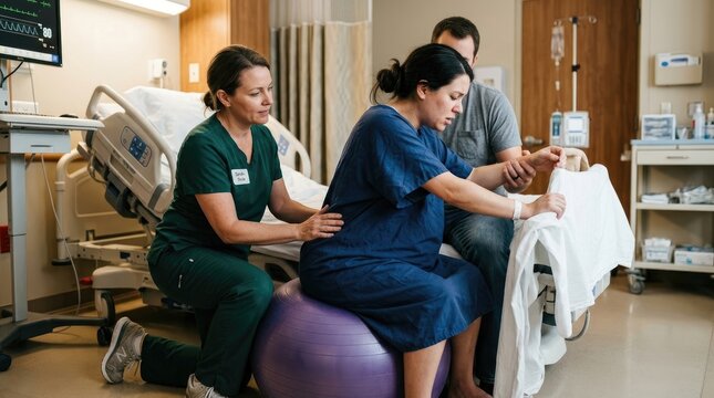 A woman is in labor, supported by a nurse and her partner. The nurse is kneeling beside the woman, providing assistance.