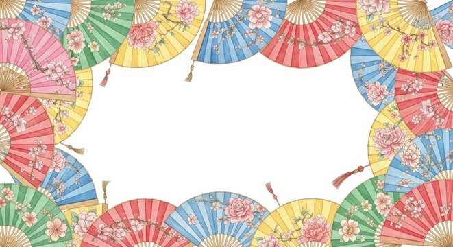 Colorful traditional folding fans with floral patterns create a decorative border on a white background.