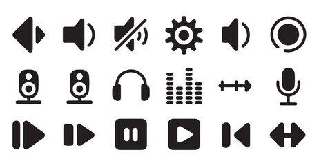 Fototapeta premium Collection of media player control icons, sound symbols, and audio equipment.