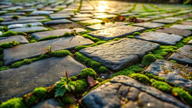 A photo of ancient paving stones worn by time, cracked and faded, with moss creeping through the cracks, leading to a distant path