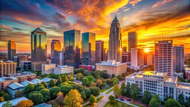 A photo of a vibrant sunrise casting golden hues across historic buildings in Charlottes skyline, blending warm oranges and pinks with the soft blue