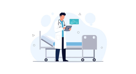 Naklejka premium Doctor with Stethoscope and Tablet in Hospital Room with Bed and Monitor