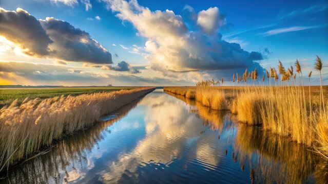 A photo of reed stems silhouetted against a partly cloudy winter sky at the edge of a wide drainage ditch in a Dutch polder