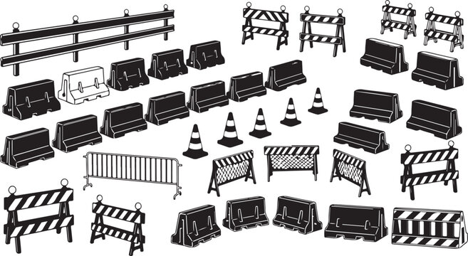 Road construction barriers and traffic control icons set