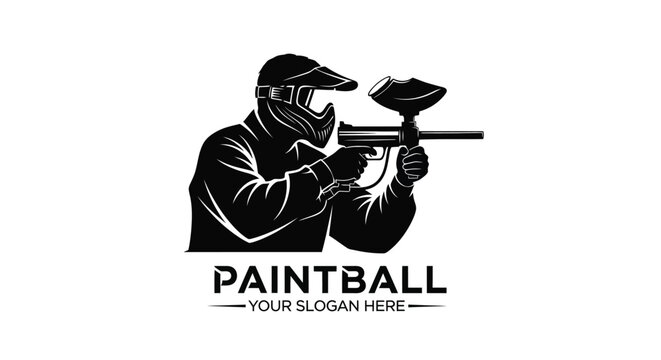 Dynamic vector graphic illustration depicting an action-packed paintball player aiming a marker, ready for combat, perfect for sports, gaming, and competitive recreation branding.